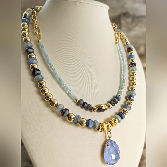 Light Blue Glass Beads In Two Strand Necklace - Picture 4 of 8